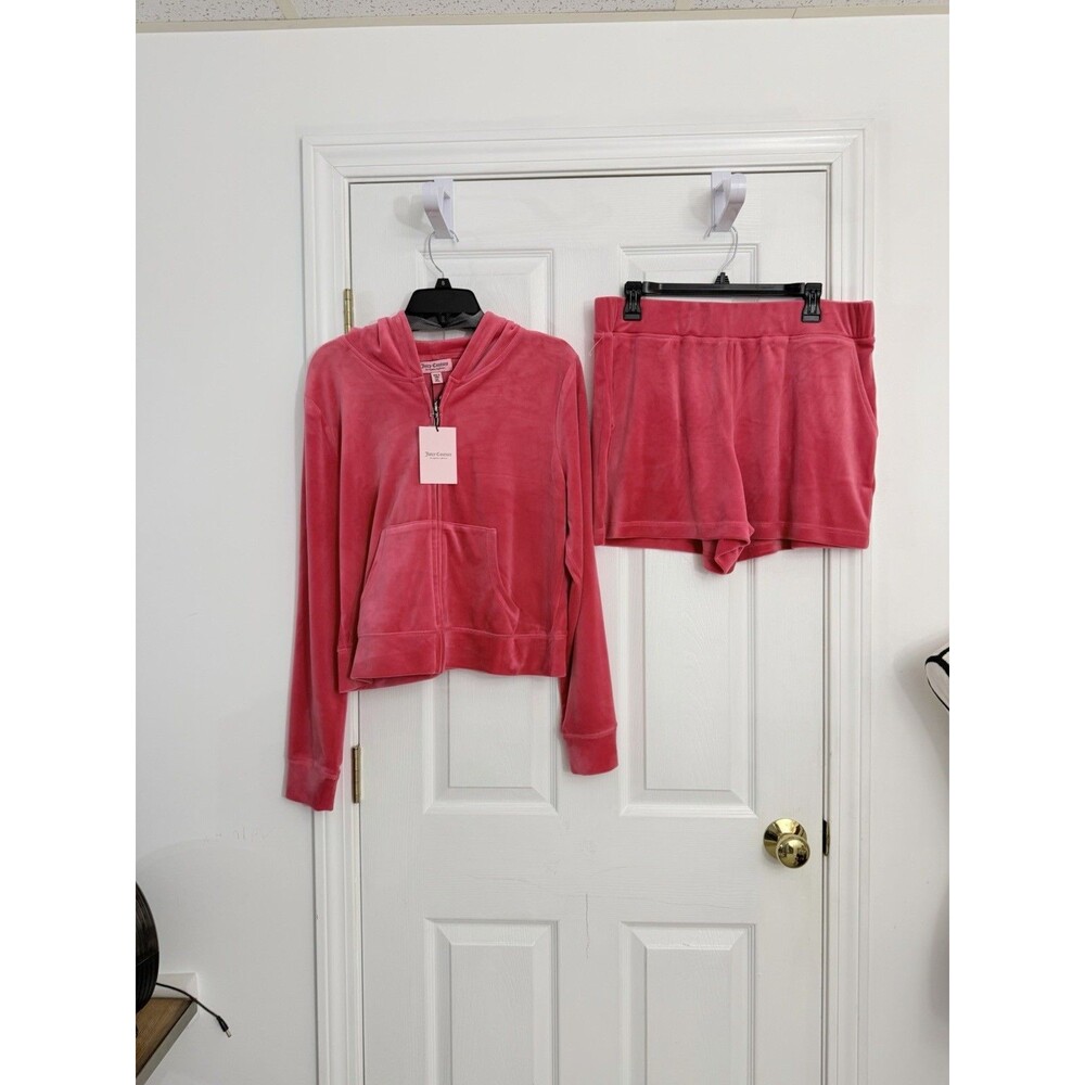 Juicy Couture Watermelon Pink Velour Tracksuit Hoodie and Shorts Set XL NWT - Picture 3 of 9